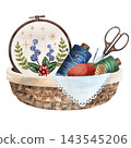 Watercolor illustration of a woven sewing basket with floral embroidery hoop, thread spools, pincushion, scissors, and thimble, isolated for needlework, textile crafts, and handmade projects 143545206