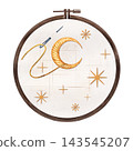 Watercolor illustration of an embroidery hoop with a golden crescent moon, stitched stars, needle, and trailing thread on linen, isolated for celestial needlework, textile crafts, and handmade design 143545207