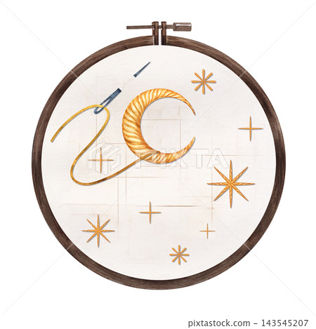 Watercolor illustration of an embroidery hoop with a golden crescent moon, stitched stars, needle, and trailing thread on linen, isolated for celestial needlework, textile crafts, and handmade design Watercolor illustration of an embroidery hoop with a golden crescent moon, stitched stars, needle, and trailing thread on linen, isolated for celestial needlework, textile crafts, and handmade design 143545207