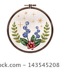 Watercolor illustration of a wooden embroidery hoop with green leaves, blue berries, and a red flower stitched on linen, isolated for botanical needlework, textile crafts, and handmade projects 143545208