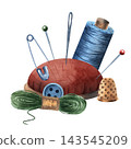 Watercolor composition of a red pincushion surrounded by thread, needles, a safety pin, thimble, button, and green floss, isolated for sewing, embroidery, and craft projects for creative makers 143545209