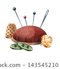 Watercolor composition of a red pincushion with sewing pins, a thimble, and buttons, isolated on white for embroidery projects, needlework tutorials, textile crafts, and sewing designs 143545210