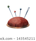 Watercolor composition of a red pincushion with colorful sewing pins and a large needle, isolated on white for embroidery, needlework, sewing tutorials, and handmade craft designs 143545211