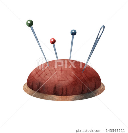 Watercolor composition of a red pincushion with colorful sewing pins and a large needle, isolated on white for embroidery, needlework, sewing tutorials, and handmade craft designs Watercolor composition of a red pincushion with colorful sewing pins and a large needle, isolated on white for embroidery, needlework, sewing tutorials, and handmade craft designs 143545211