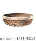 Shallow round woven basket with a pale rim, isolated watercolor illustration for storing embroidery supplies, organizing craft materials, and handmade needlework projects 143545214