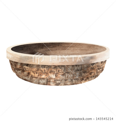 Shallow round woven basket with a pale rim, isolated watercolor illustration for storing embroidery supplies, organizing craft materials, and handmade needlework projects Shallow round woven basket with a pale rim, isolated watercolor illustration for storing embroidery supplies, organizing craft materials, and handmade needlework projects 143545214