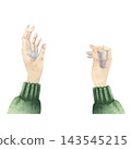 Watercolor illustration of two hands in green knitted sleeves demonstrating a sewing gesture, isolated on white for needlework tutorials, craft projects, and handmade textile designs 143545215
