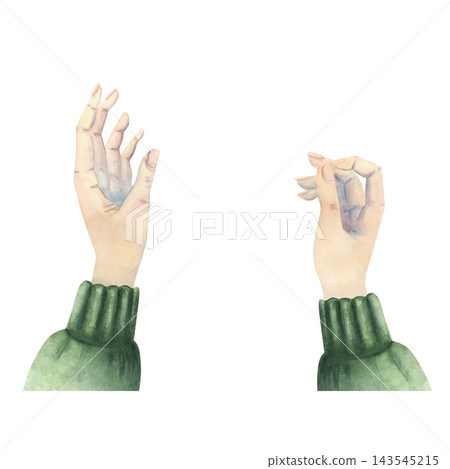 Watercolor illustration of two hands in green knitted sleeves demonstrating a sewing gesture, isolated on white for needlework tutorials, craft projects, and handmade textile designs Watercolor illustration of two hands in green knitted sleeves demonstrating a sewing gesture, isolated on white for needlework tutorials, craft projects, and handmade textile designs 143545215