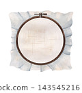Wooden embroidery hoop holding pale linen fabric with loose edges and faint guide lines, isolated watercolor illustration for hand stitching, needlework tutorials, and craft supplies 143545216