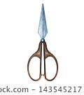 Vintage embroidery scissors with slender blue blades and ornate brown handles, isolated watercolor illustration for sewing, needlework, textile craft projects, and handmade design materials 143545217