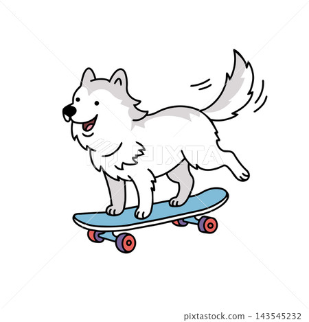 Cute samoyed puppy cartoon dog vector illustration skateboarding. Happy playful energetic active pet fitness extreme lifestyle concept. Kids apparel nursery room sticker print clip art design. Cute samoyed puppy cartoon dog vector illustration skateboarding. Happy playful energetic active pet fitness extreme lifestyle concept. Kids apparel nursery room sticker print clip art design. 143545232