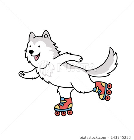 Cute samoyed puppy cartoon dog vector illustration roller skating. Happy playful energetic active pet fitness lifestyle concept. Kids apparel nursery room sticker print clip art design. 143545233