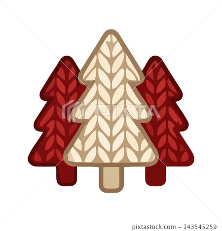 Festive illustration of three knitted Christmas trees in red and beige, symbolizing cozy winter and holiday spirit. Festive illustration of three knitted Christmas trees in red and beige, symbolizing cozy winter and holiday spirit. 143545259