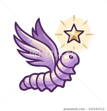 Whimsical illustration of a flying caterpillar with a glowing star, symbolizing magic and dreams. 143545313