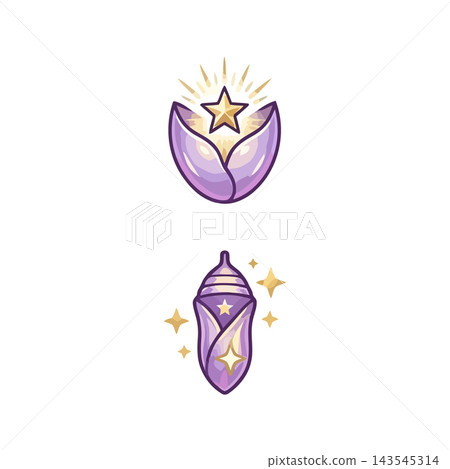 Enchanting purple chrysalis and glowing lotus with a star, symbolizing growth and magic. Enchanting purple chrysalis and glowing lotus with a star, symbolizing growth and magic. 143545314