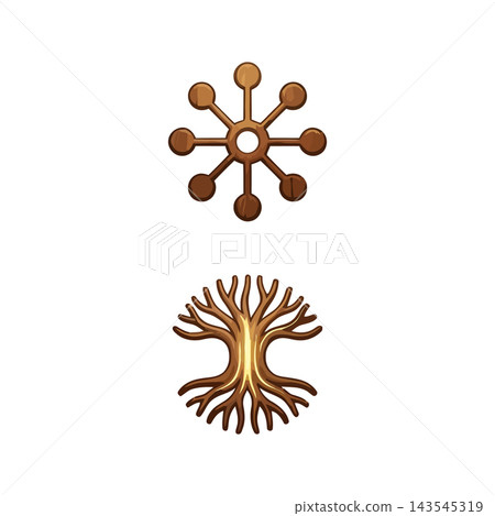 Two mystical symbols: a celestial tree of life and a star-like network, representing connection and growth. Two mystical symbols: a celestial tree of life and a star-like network, representing connection and growth. 143545319