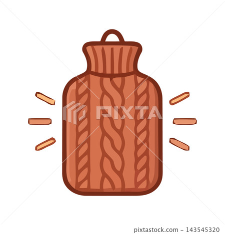 Illustration of a warm, knitted hot water bottle with radiating light, symbolizing comfort and heat. Illustration of a warm, knitted hot water bottle with radiating light, symbolizing comfort and heat. 143545320