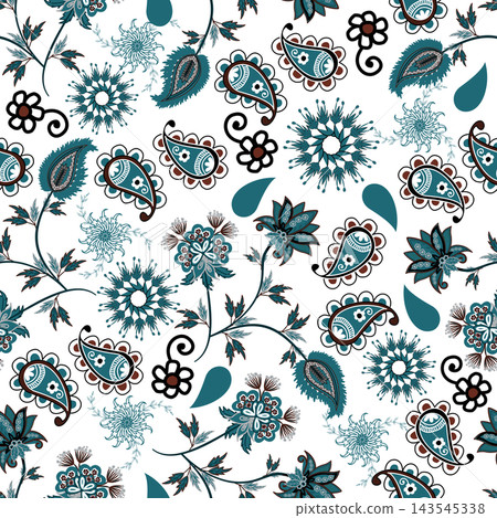 Floral seamless pattern, Flower chintz pattern seamless vector border print. Botanical batik background. Arabesque floral ornament motif for decoration fabric, women clothing, scarf, wallpaper design. Floral seamless pattern, Flower chintz pattern seamless vector border print. Botanical batik background. Arabesque floral ornament motif for decoration fabric, women clothing, scarf, wallpaper design. 143545338