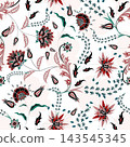 Floral seamless pattern, Flower chintz pattern seamless vector border print. Botanical batik background. Arabesque floral ornament motif for decoration fabric, women clothing, scarf, wallpaper design. 143545345