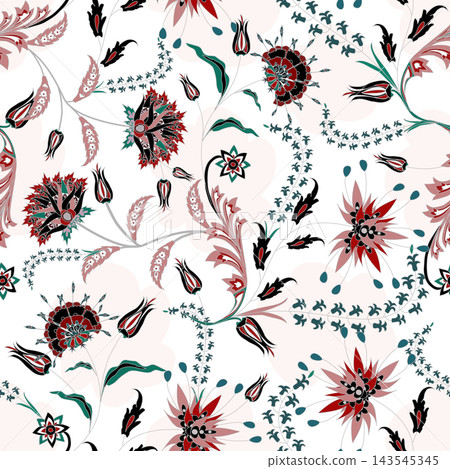 Floral seamless pattern, Flower chintz pattern seamless vector border print. Botanical batik background. Arabesque floral ornament motif for decoration fabric, women clothing, scarf, wallpaper design. 143545345