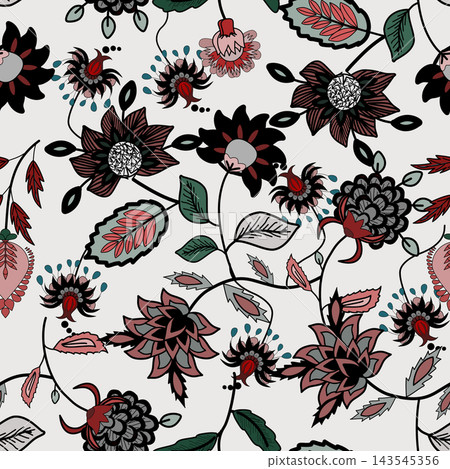 Floral seamless pattern, Flower chintz pattern seamless vector border print. Botanical batik background. Arabesque floral ornament motif for decoration fabric, women clothing, scarf, wallpaper design. 143545356