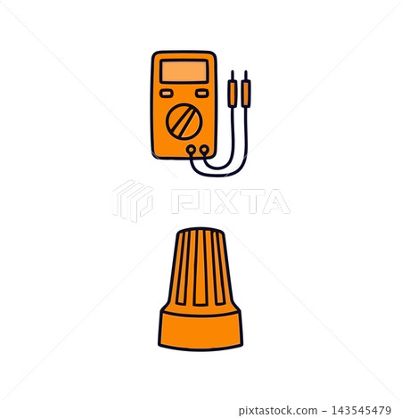 Simple illustration of an orange multimeter and an orange wire nut, representing electrical tools and DIY projects. Simple illustration of an orange multimeter and an orange wire nut, representing electrical tools and DIY projects. 143545479