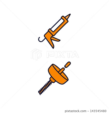 Illustration of a caulking gun and a screw tool, representing construction, DIY, and repair. Illustration of a caulking gun and a screw tool, representing construction, DIY, and repair. 143545480