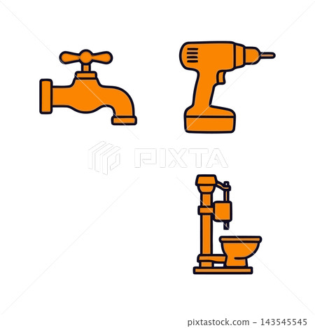 Set of three orange icons representing tools: a cordless drill, a water faucet, and a press machine. Set of three orange icons representing tools: a cordless drill, a water faucet, and a press machine. 143545545