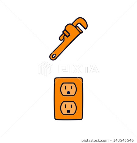 Simple illustration of a pipe wrench and a double electrical outlet, symbolizing home repair and maintenance. Simple illustration of a pipe wrench and a double electrical outlet, symbolizing home repair and maintenance. 143545546