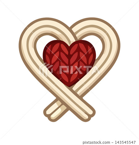 A stylized heart shape formed by intertwined cream-colored ribbons, with a red knitted heart at its center. Symbolizes love, care, and handmade warmth. A stylized heart shape formed by intertwined cream-colored ribbons, with a red knitted heart at its center. Symbolizes love, care, and handmade warmth. 143545547