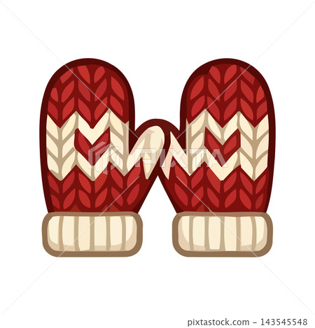 Close-up of cozy, hand-knitted mittens in red, white, and cream, perfect for winter. 143545548