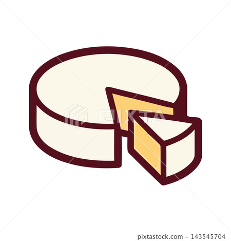 A stylized, simple icon of a round cheese with a wedge slice removed, perfect for food-related graphics. 143545704
