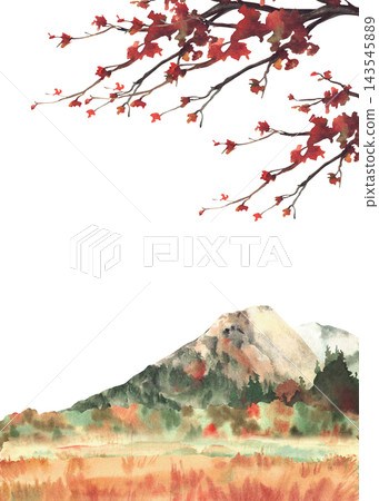 Mountain fall forest watercolor landscape with autumn deciduous tree branch with red, orange and warm brown leaves. Realistic golden October or November nature card. Hand drawn isolated illustration. Mountain fall forest watercolor landscape with autumn deciduous tree branch with red, orange and warm brown leaves. Realistic golden October or November nature card. Hand drawn isolated illustration. 143545889