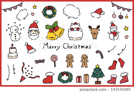Cute hand-drawn style Christmas material set featuring Santas and snowmen (color) Cute hand-drawn style Christmas material set featuring Santas and snowmen (color) 143545995