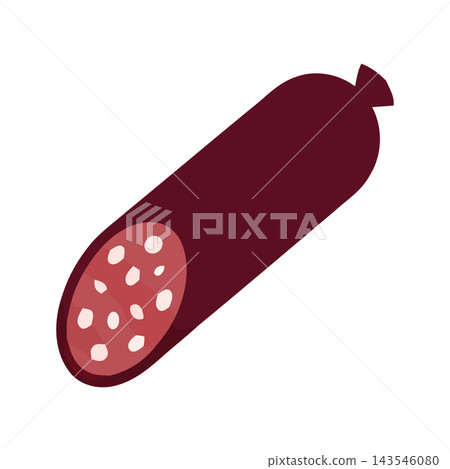 A single slice of salami sausage, showing its texture and fat marbling. 143546080