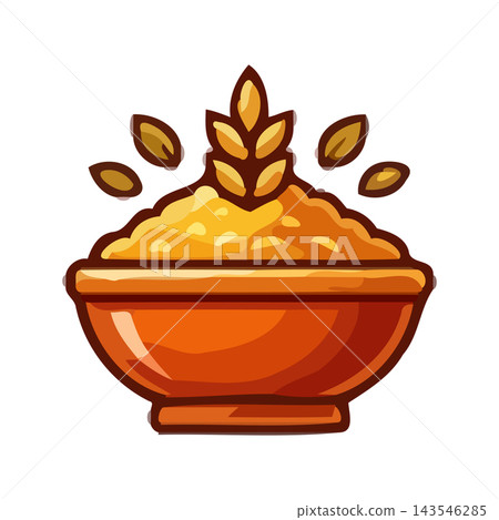 Stylized illustration of a bowl filled with oatmeal, topped with wheat ears and surrounded by falling grains. Healthy food concept. 143546285