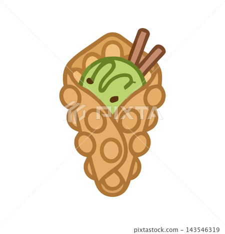 Adorable cartoon illustration of a bubble waffle cone filled with green ice cream and two sticks. Adorable cartoon illustration of a bubble waffle cone filled with green ice cream and two sticks. 143546319