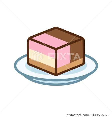 A simple, charming illustration of a layered dessert slice on a blue-rimmed plate, perfect for food-related content. A simple, charming illustration of a layered dessert slice on a blue-rimmed plate, perfect for food-related content. 143546320