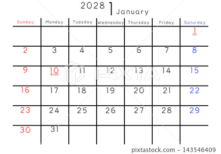2028年1月簡易日曆 - 英文版星期 143546409