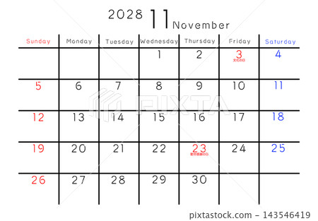 2028年11月簡易日曆 - 英文版星期 143546419