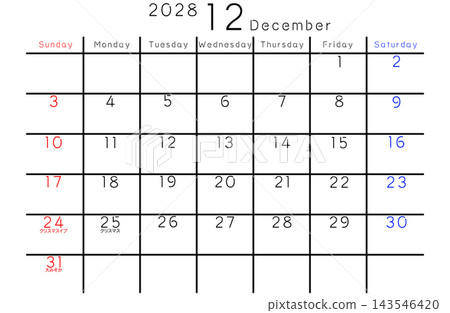 2028年簡易日曆 - 十二月 - 星期(英文版) 2028年簡易日曆 - 十二月 - 星期(英文版) 143546420