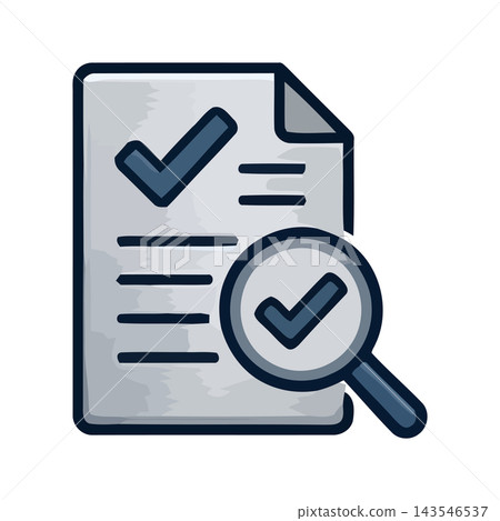 Icon representing document verification, analysis, and successful completion with a checklist and magnifying glass. Icon representing document verification, analysis, and successful completion with a checklist and magnifying glass. 143546537