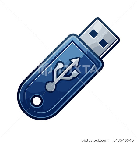 Close-up of a blue USB flash drive icon featuring the universal USB symbol, representing digital data storage and technology. 143546540