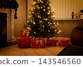 Christmas tree with glowing lights and red presents. 3d render 143546560