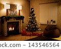 Cozy Christmas living room with burning fireplace. 3d render 143546564
