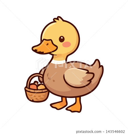 Charming illustration of a baby duck carrying a basket filled with colorful eggs, perfect for Easter themes. Charming illustration of a baby duck carrying a basket filled with colorful eggs, perfect for Easter themes. 143546602