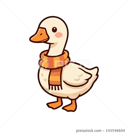 Charming cartoon duck with a warm scarf, perfect for autumn and winter themes. Adorable illustration for various designs. Charming cartoon duck with a warm scarf, perfect for autumn and winter themes. Adorable illustration for various designs. 143546604
