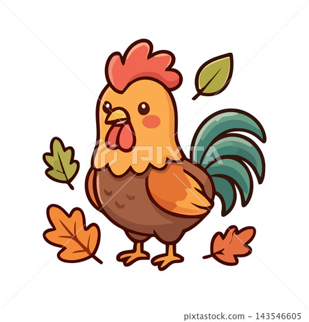 A charming cartoon illustration of a rooster surrounded by colorful autumn leaves, perfect for fall themes and farm animal graphics. A charming cartoon illustration of a rooster surrounded by colorful autumn leaves, perfect for fall themes and farm animal graphics. 143546605