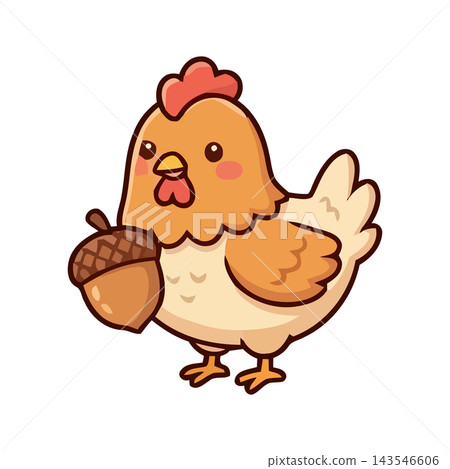 Adorable cartoon chicken character holding a brown acorn, isolated on a white background. Adorable cartoon chicken character holding a brown acorn, isolated on a white background. 143546606