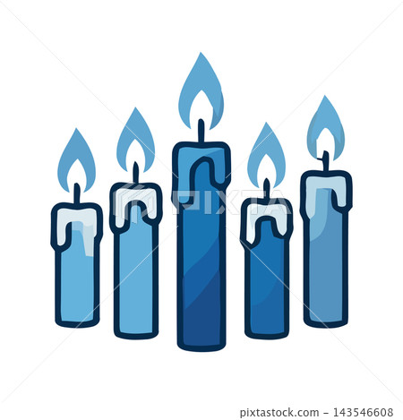 Five blue candles, lit and burning with bright flames, show dripping wax. A symbol of celebration, remembrance, or cozy ambiance. Five blue candles, lit and burning with bright flames, show dripping wax. A symbol of celebration, remembrance, or cozy ambiance. 143546608